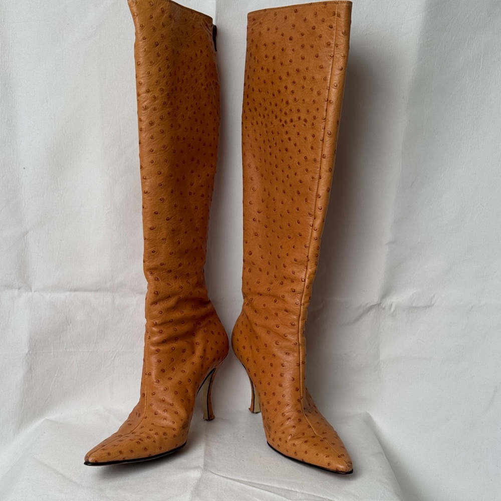 Timeless Walter Steiger Tan Ostrich Knee-High Heeled Boots